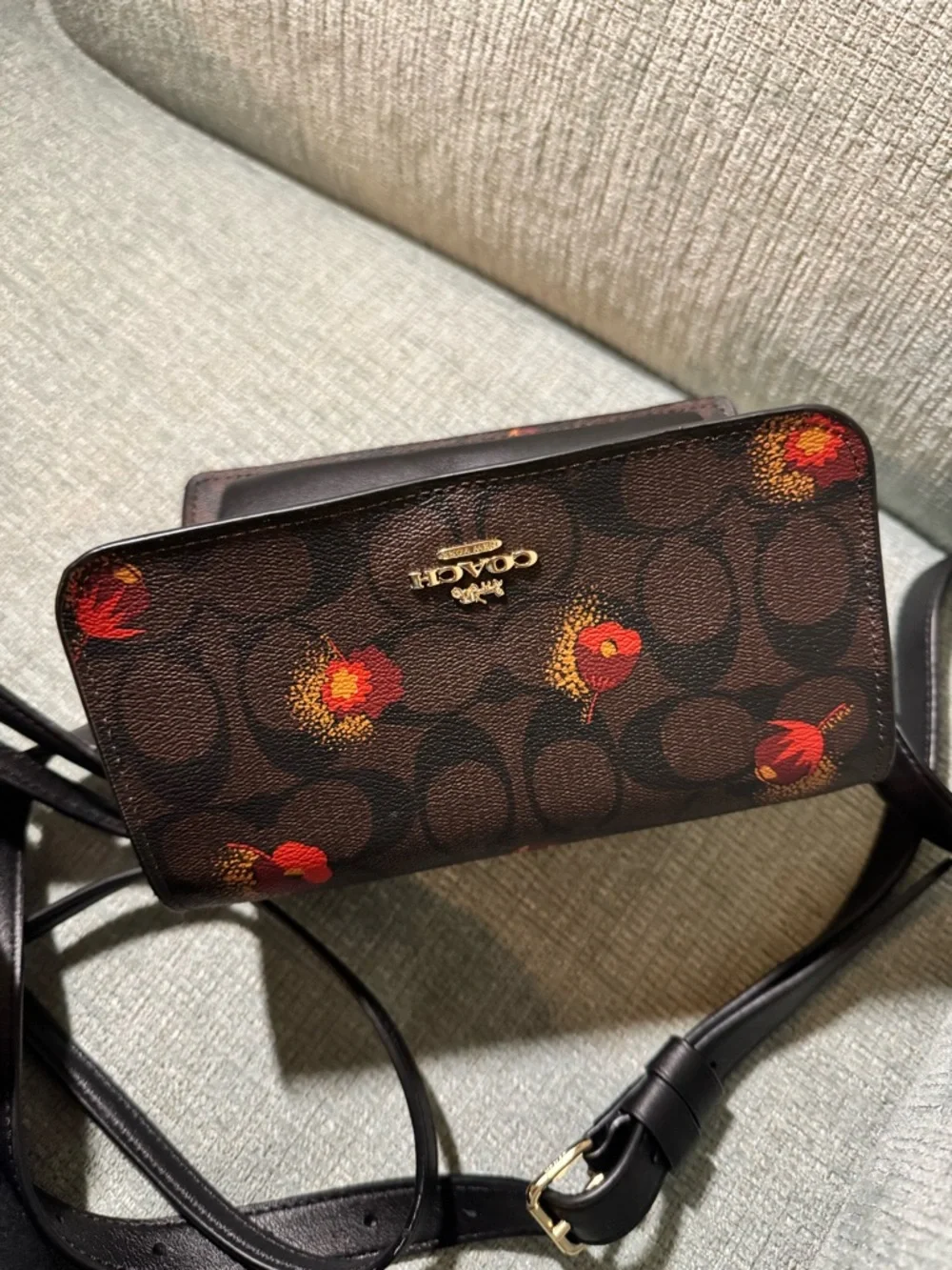 Coach Floral Signature Crossbody Bag in Brown with Red Accents